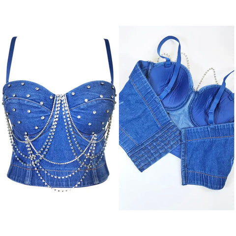 Women Sleeveless Rhinestone Fashion Denim Crop Top