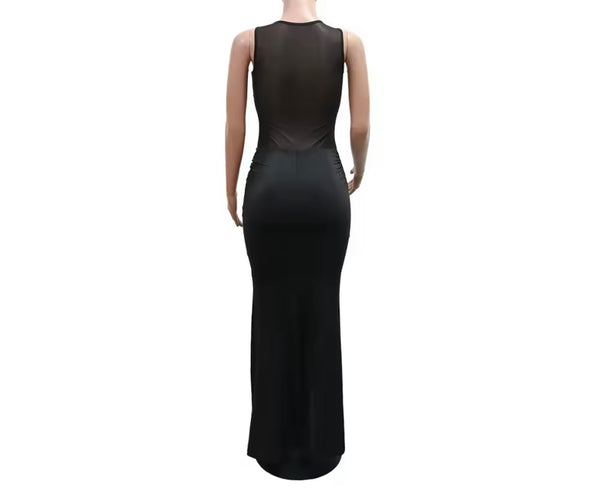 Women Sexy Sleeveless Mesh Patchwork Black Maxi Dress