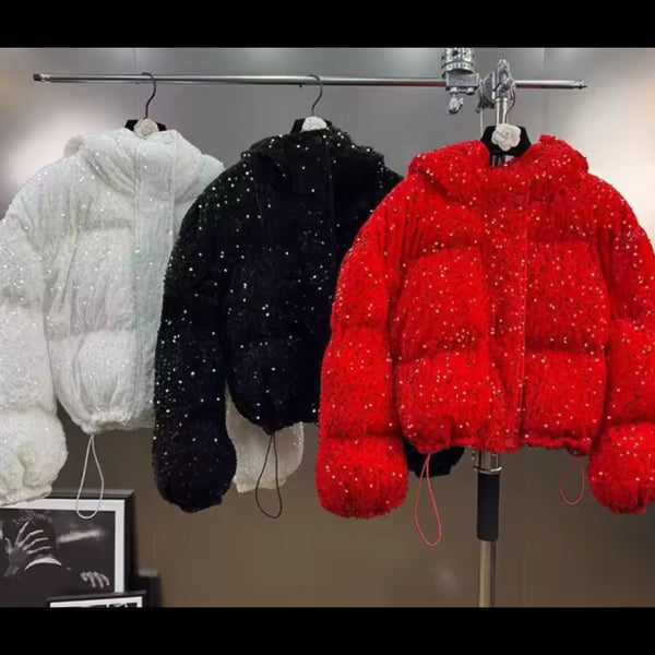 Women Fashion Sequins Hooded Puff Jacket