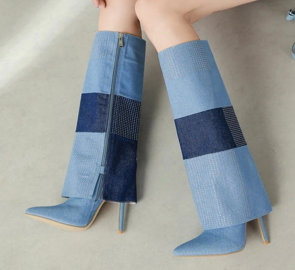 Women Fashion Bling Denim Color Patchwork Knee High Boots