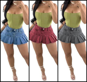 Women Sexy Fashion Denim Pleated Mini Skirt