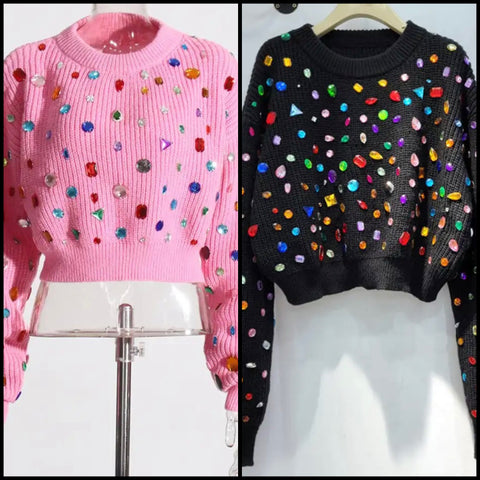 Women Full Sleeve Colorful Gem Sweater Crop Top