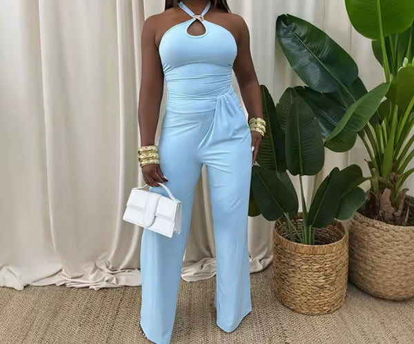 Women Sexy Halter Sleeveless Ruched Jumpsuit