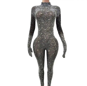 Women Sexy Rhinestone Crystal Glove Full Sleeve Jumpsuit