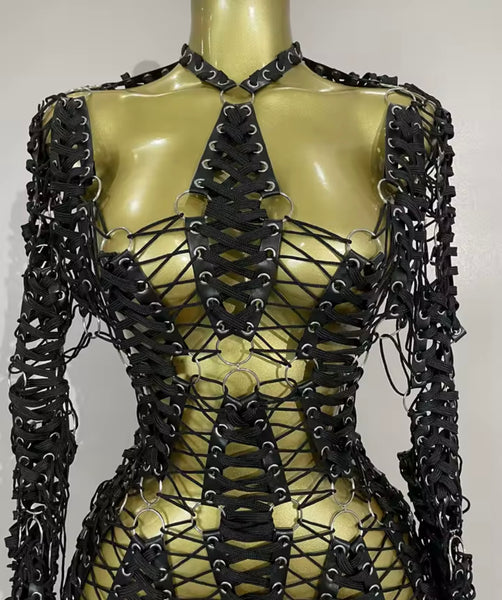 Women Black PU Lace Up Metal Open Back Full Sleeve Dress