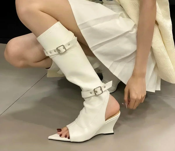 Women Fashion Pointed Open Toe Buckled Platform Wedge Knee High Boots