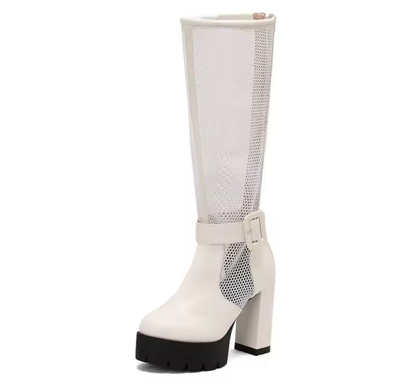 Women Color Buckled Mesh Platform Knee High Fashion Boots