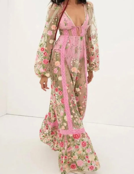 Women Sexy Mesh Floral Open Back Full Sleeve Maxi Dress
