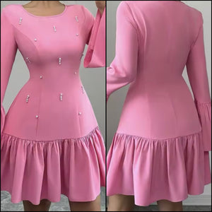 Women Pink Beaded Full Flare Sleeve Ruffled Sexy Dress