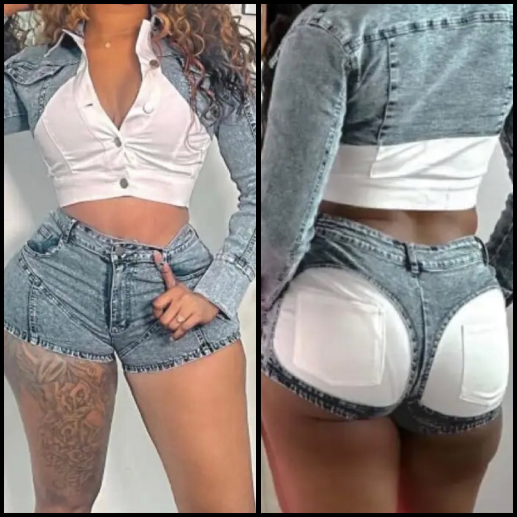 Women Fashion Color Patchwork Denim Two Piece Short Set