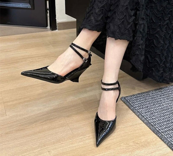 Women Pointed Toe Patent Leather Platform Ankle Strap Heels