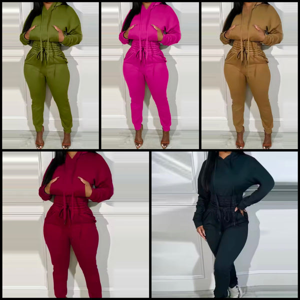 Women Fashion Pocket Hooded Tracksuit Two Piece Pant Set