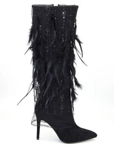 Women Fashion Feather Sequins Suede Knee High Boots