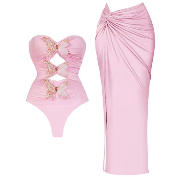 Women Sexy Butterfly Cut Out Pink Full/Sleeveless Swimsuit Cover Up Set