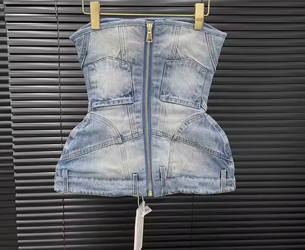 Women Strapless Sexy Fashion Denim Crop Top