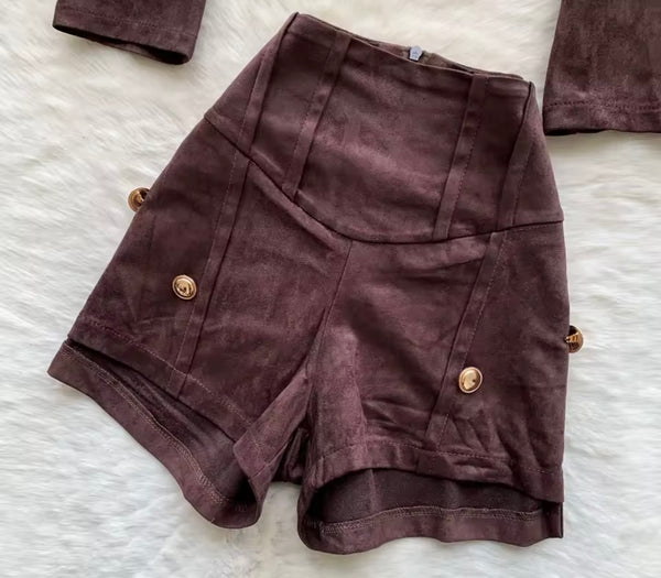 Women Fashion Suede Button Up Full Sleeve Two Piece Short Set
