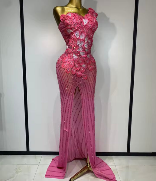 Women Pink One Shoulder Sleeveless Rhinestone Floral Mesh Maxi Dress