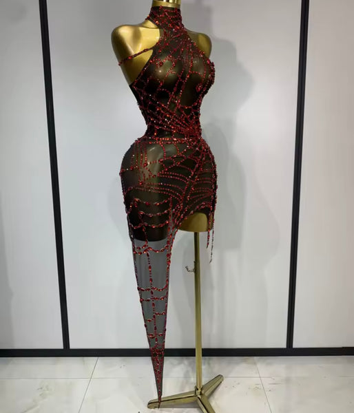 Women Sleeveless Asymmetrical Rhinestone Mesh Dress