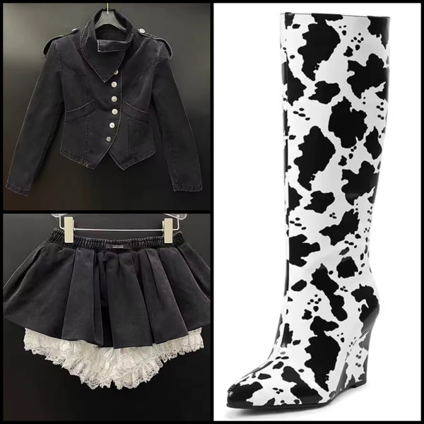 Women Collar Button Up Denim Jacket Two Piece Pleated Skirt Set