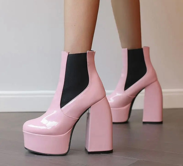 Women Fashion Round Toe Platform Patent Leather Ankle Boots