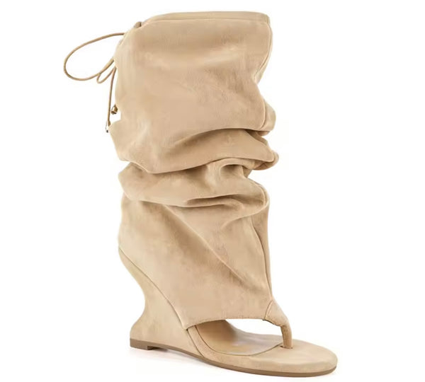 Women Fashion Suede Open Toe Wedge Ruched Drawstring Boots