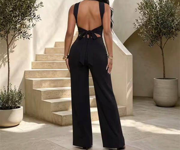 Women Halter Sleeveless Bow Open Back Two Piece Pant Set