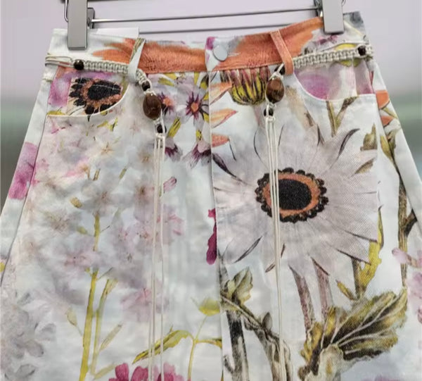 Women Fashion Floral Print Denim Skirt