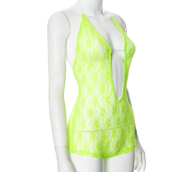 Women Sexy Neon Lace Halter Sleeveless Romper