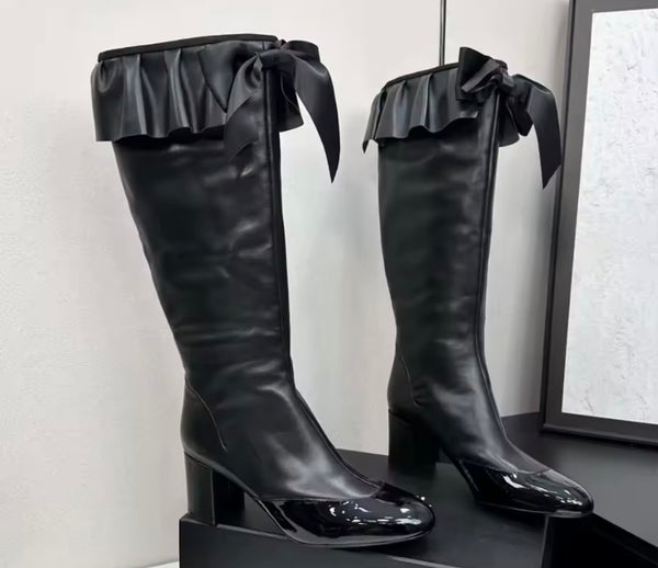 Women Fashion Ruffled Bow Faux Leather Knee High Boots