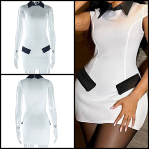 Women Sexy White/Black Collar Short Sleeve Dress