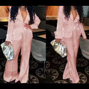 Women Sexy Pink Satin Full Sleeve Two Piece Pant Set