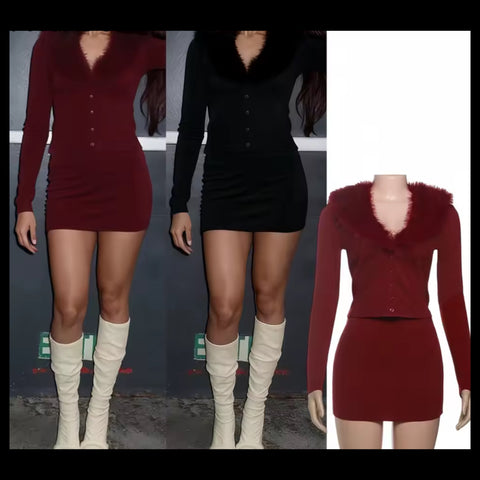Women Fur Patchwork Button Up Full Sleeve Two Piece Skirt Set