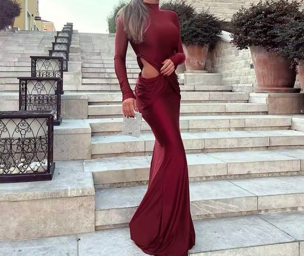 Women Sexy Burgundy Full Sleeve Cut Out Maxi Dress