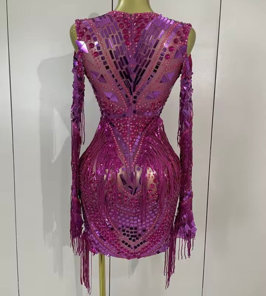 Women Sexy Crystal Mirror Mesh Full Sleeve Tassel Dress