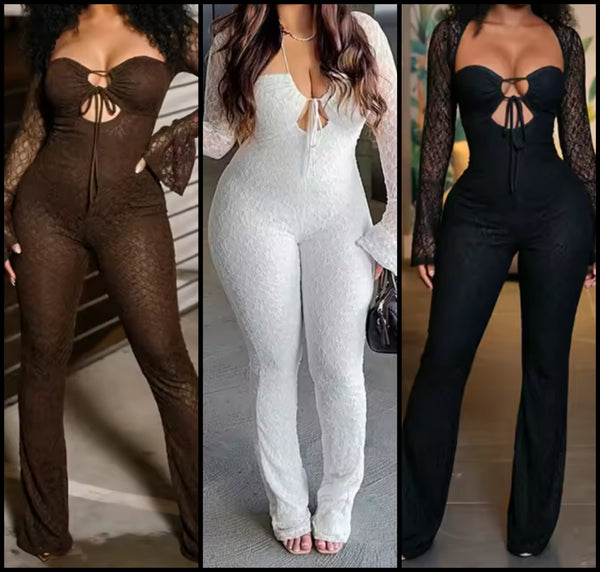Women Sexy Lace Tie Up Open Back Full Sleeve Jumpsuit