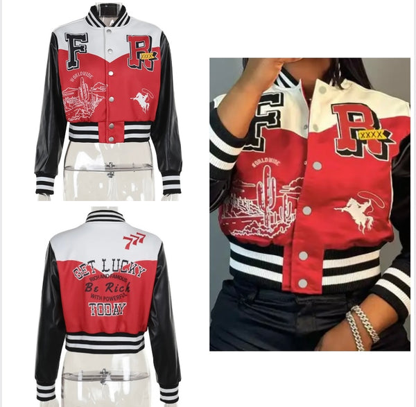 Women Fashion Color Patchwork Letter Print Varsity Jacket