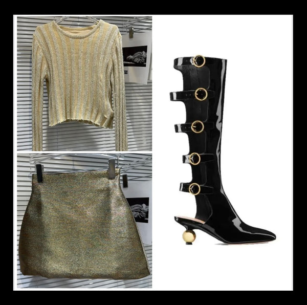 Women Black Fashion Gold Buckled Patent Leather Ankle/Knee High Boots