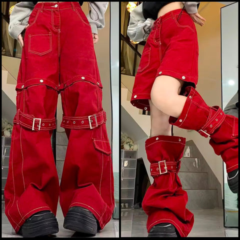 Women Red Fashion Button Buckled Detachable Pants