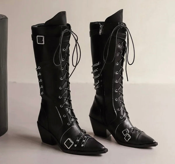 Women Fashion Pointed Toe Buckled Chain Lace Up Knee High Boots