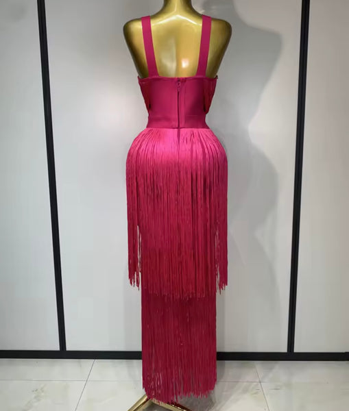 Women Sexy Pink Sleeveless Fringe Tassel Maxi Dress