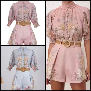 Women Fashion Button Up Floral Short Sleeve Two Piece Short Set