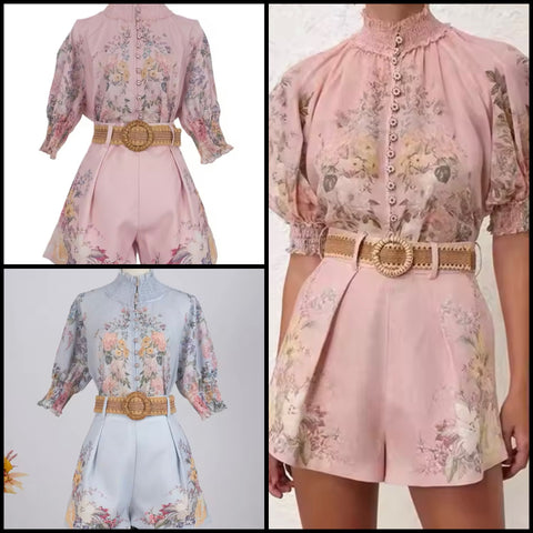 Women Fashion Button Up Floral Short Sleeve Two Piece Short Set