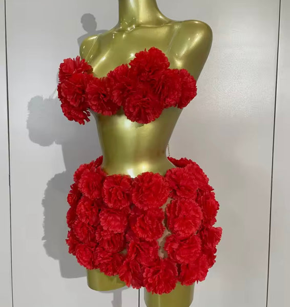 Women Sexy Red Sleeveless Floral Chain Open Back Two Piece Skirt Set