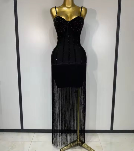 Women Rhinestone Sleeveless Fringe Tassel Sexy Maxi Dress