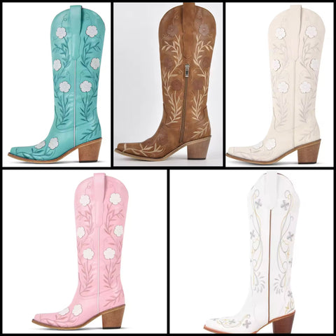 Women Fashion Color Floral Print Knee High Western Boots