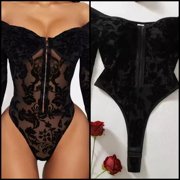Women Sexy Black Off The Shoulder Floral Bodysuit Lingerie
