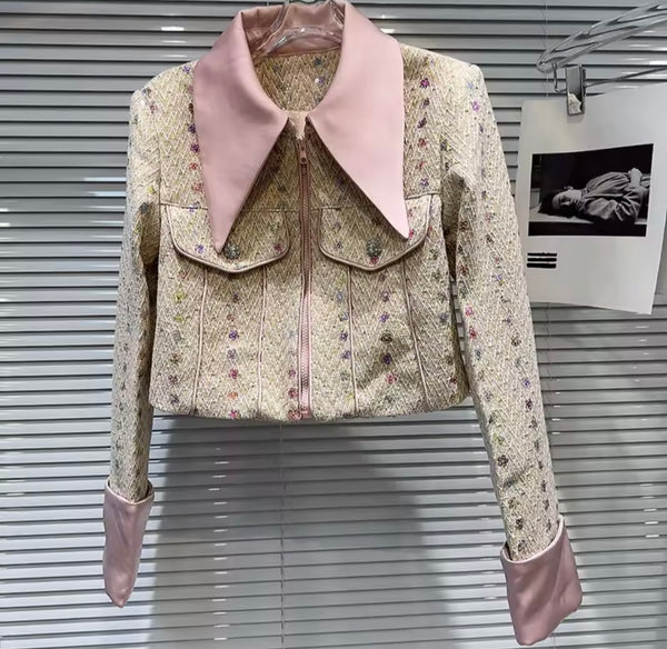 Women Sequins Bow Full Sleeve Blazer Two Piece Tweed Skirt Set