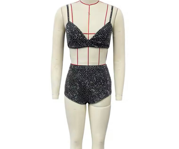 Women Sexy Black Bling Jacket Three Piece Short Set