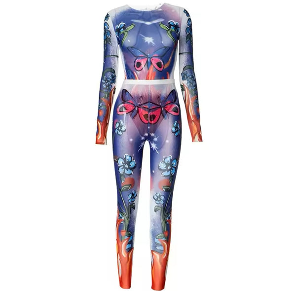 Women Sexy Multicolored Print Full Sleeve Two Piece Mesh Pant Set