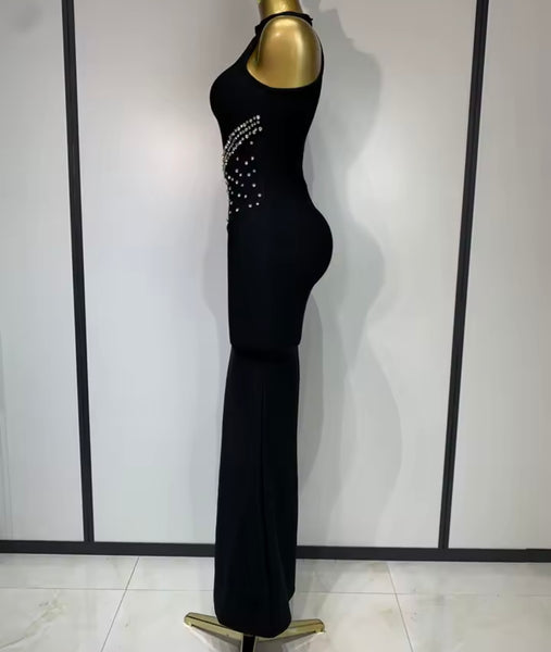 Women Sleeveless Rhinestone Patchwork Black Maxi Dress